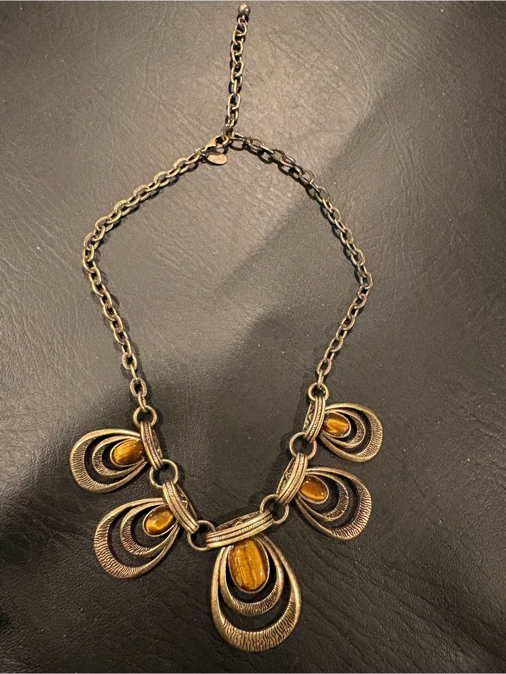 Antique Gold-Tone Teardrop Statement Necklace with Amber Accents